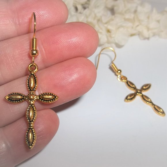 Cross Earrings, Cross Earring, Gold Cross Earrings, Gold Cross Earring Set C072 - Picture 6 of 8